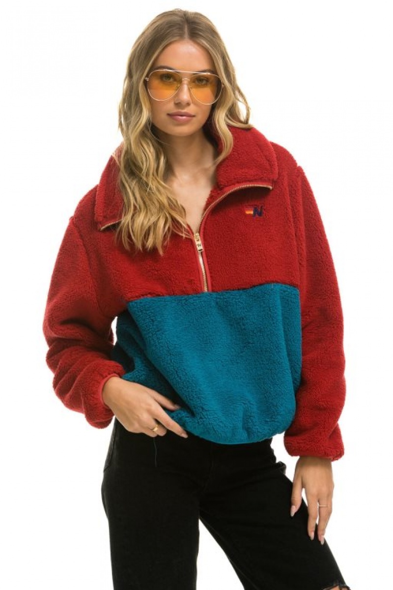 Chaquetas Aviator Nation Teddy Apres Half Zip Color Block Mujer Pink | 10OLCNJQK