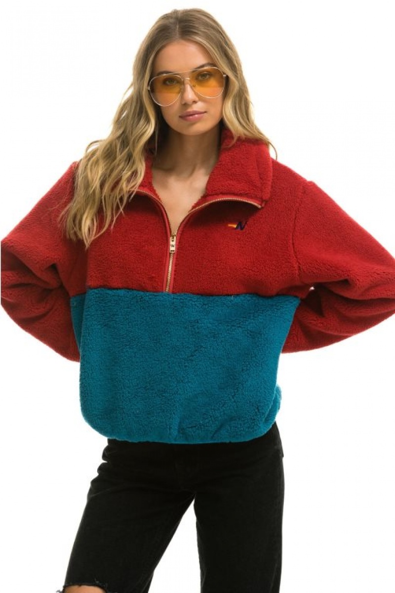 Chaquetas Aviator Nation Teddy Apres Half Zip Color Block Mujer Pink | 10OLCNJQK