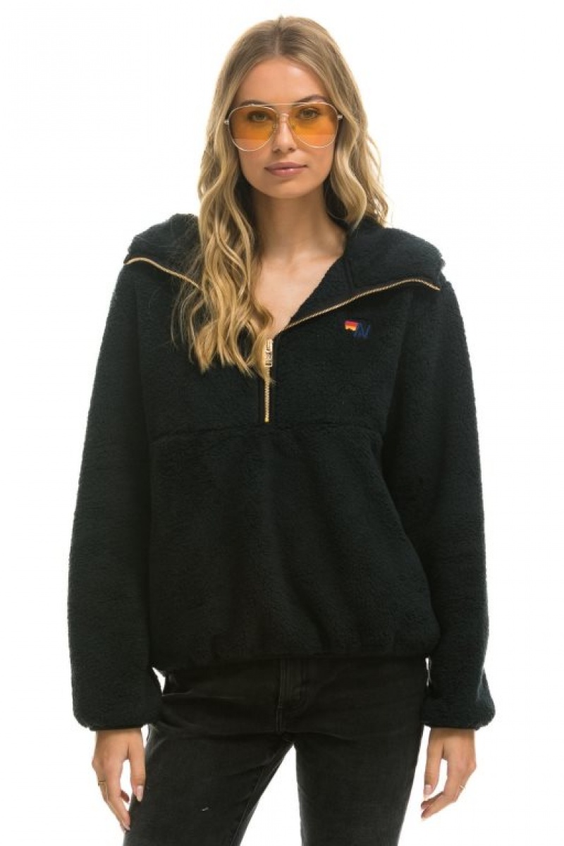 Chaquetas Aviator Nation Teddy Apres Hooded Half Zip Mujer Black | 14NKLMSCB