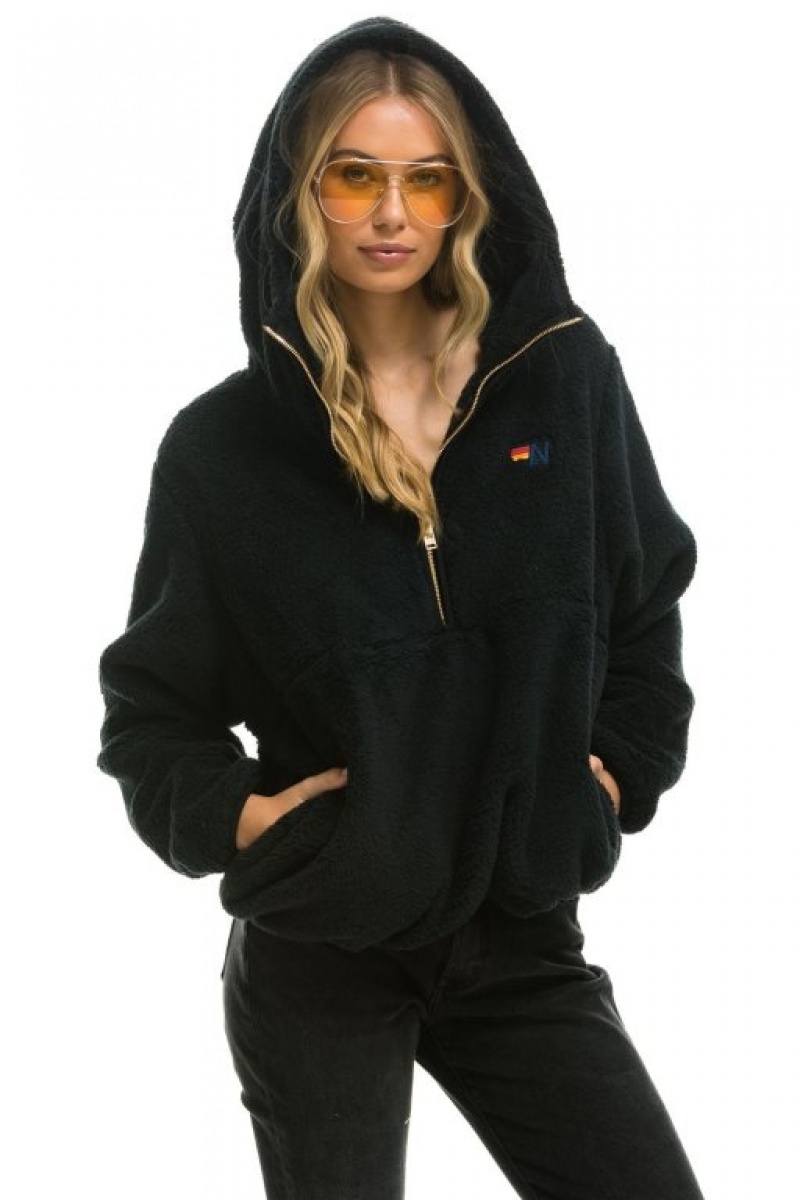 Chaquetas Aviator Nation Teddy Apres Hooded Half Zip Mujer Black | 14NKLMSCB