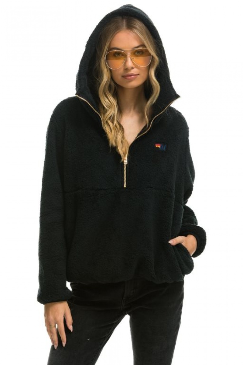 Chaquetas Aviator Nation Teddy Apres Hooded Half Zip Mujer Black | 14NKLMSCB