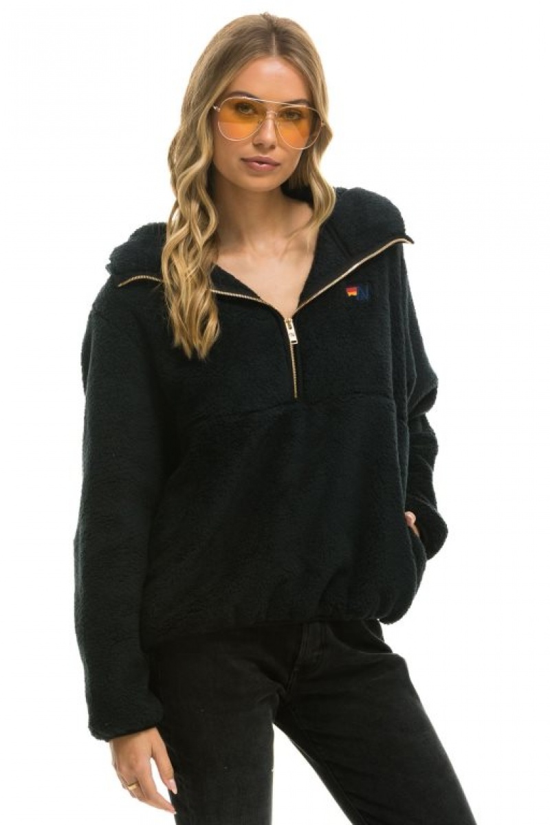 Chaquetas Aviator Nation Teddy Apres Hooded Half Zip Mujer Black | 14NKLMSCB