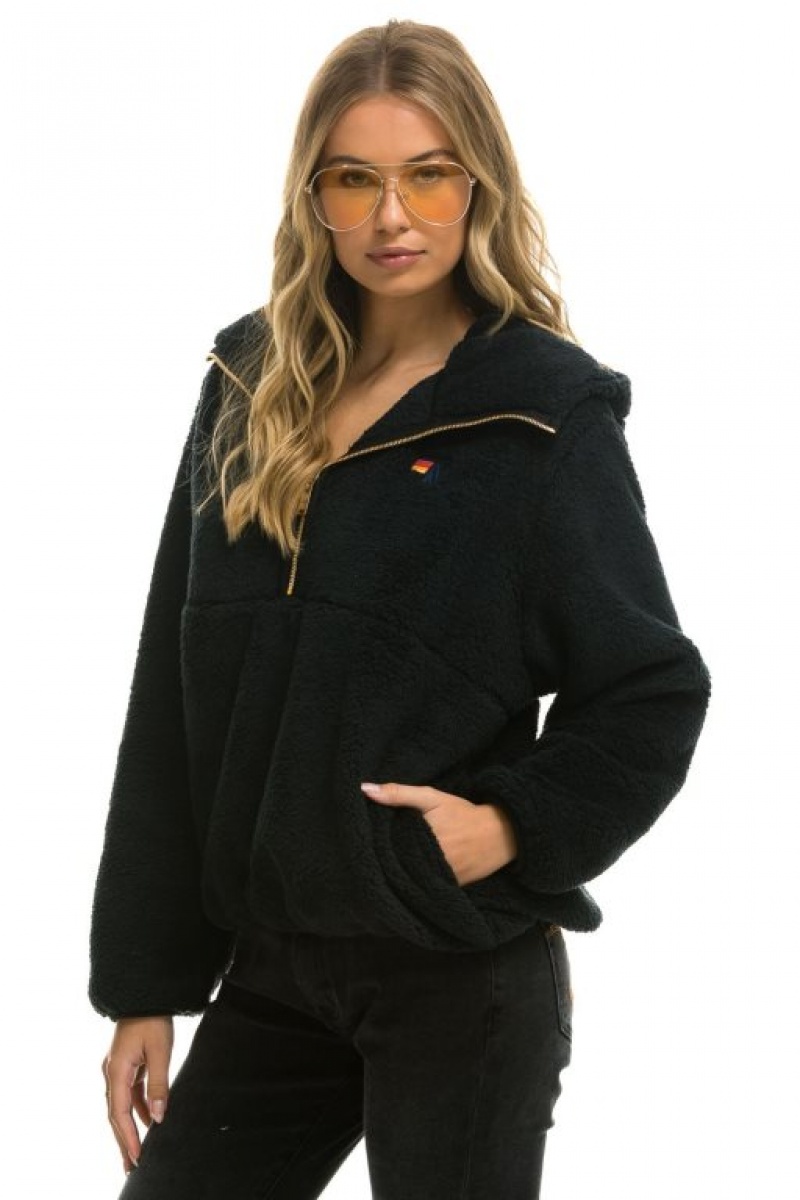 Chaquetas Aviator Nation Teddy Apres Hooded Half Zip Mujer Black | 14NKLMSCB