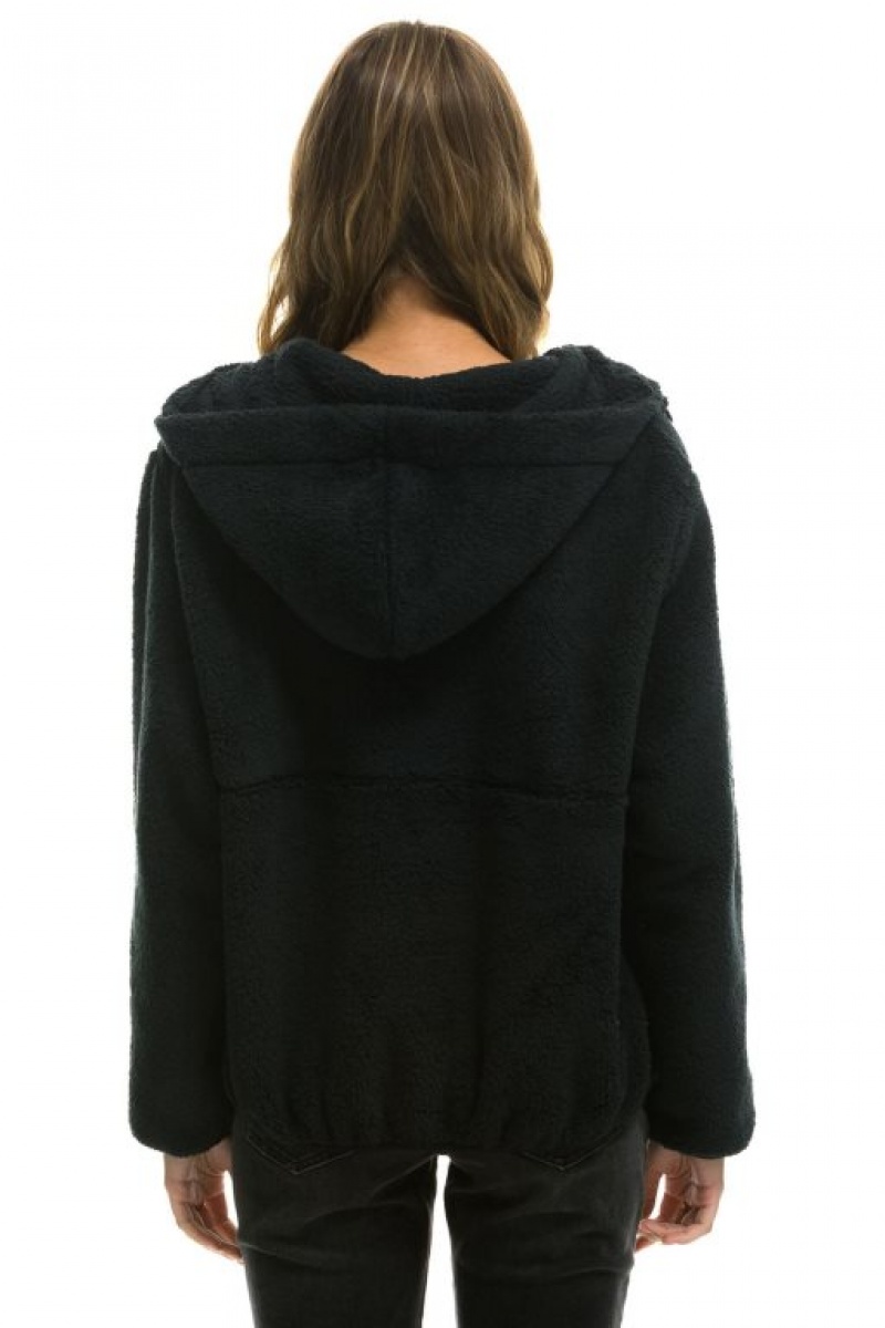 Chaquetas Aviator Nation Teddy Apres Hooded Half Zip Mujer Black | 14NKLMSCB