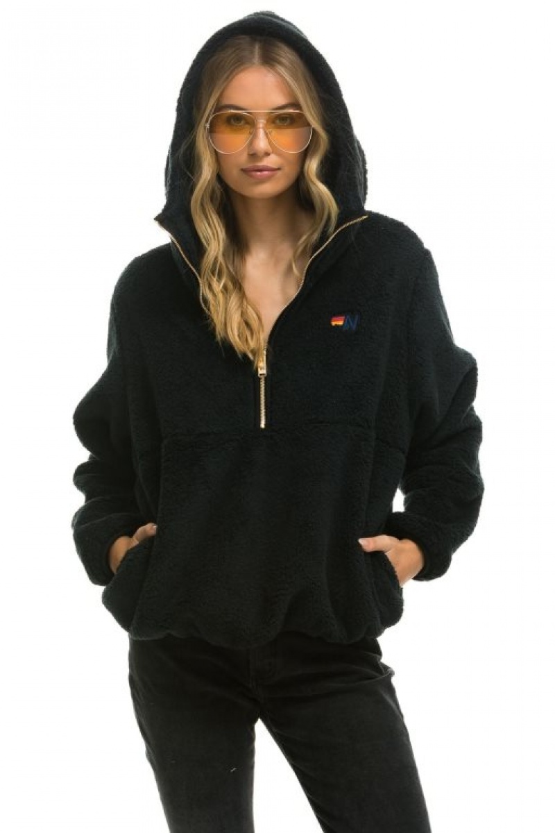 Chaquetas Aviator Nation Teddy Apres Hooded Half Zip Mujer Black | 14NKLMSCB