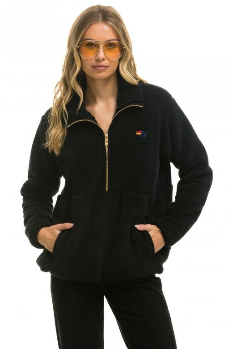 Chaquetas Aviator Nation Teddy Half Zip Hombre Black | 68VLXCWQO