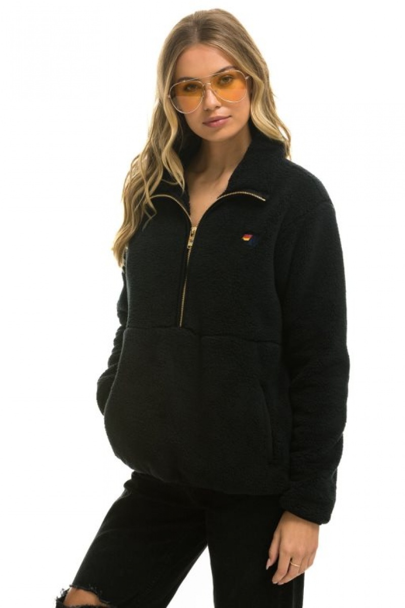 Chaquetas Aviator Nation Teddy Half Zip Hombre Black | 68VLXCWQO
