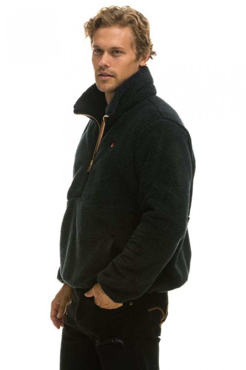 Chaquetas Aviator Nation Teddy Half Zip Hombre Black | 68VLXCWQO