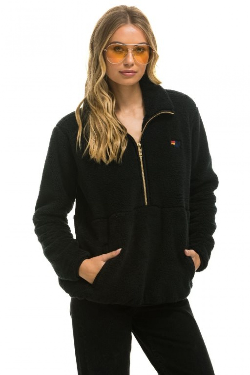 Chaquetas Aviator Nation Teddy Half Zip Hombre Black | 68VLXCWQO