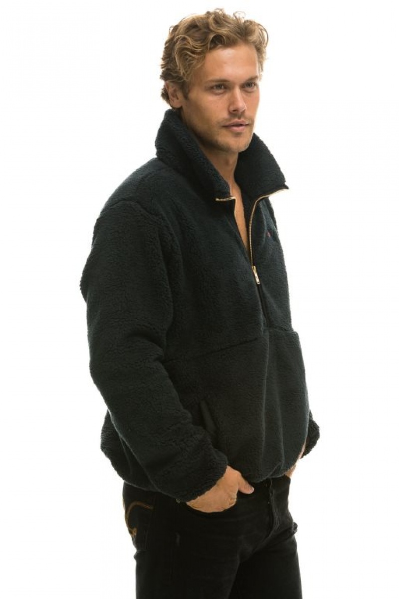 Chaquetas Aviator Nation Teddy Half Zip Hombre Black | 68VLXCWQO