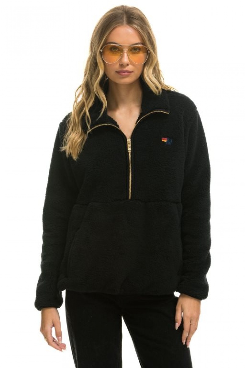 Chaquetas Aviator Nation Teddy Half Zip Hombre Black | 68VLXCWQO