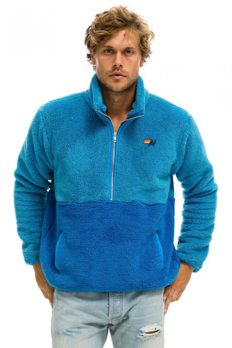 Chaquetas Aviator Nation Teddy Half Zip Color Block Hombre Ocean | 68WKUDMPQ