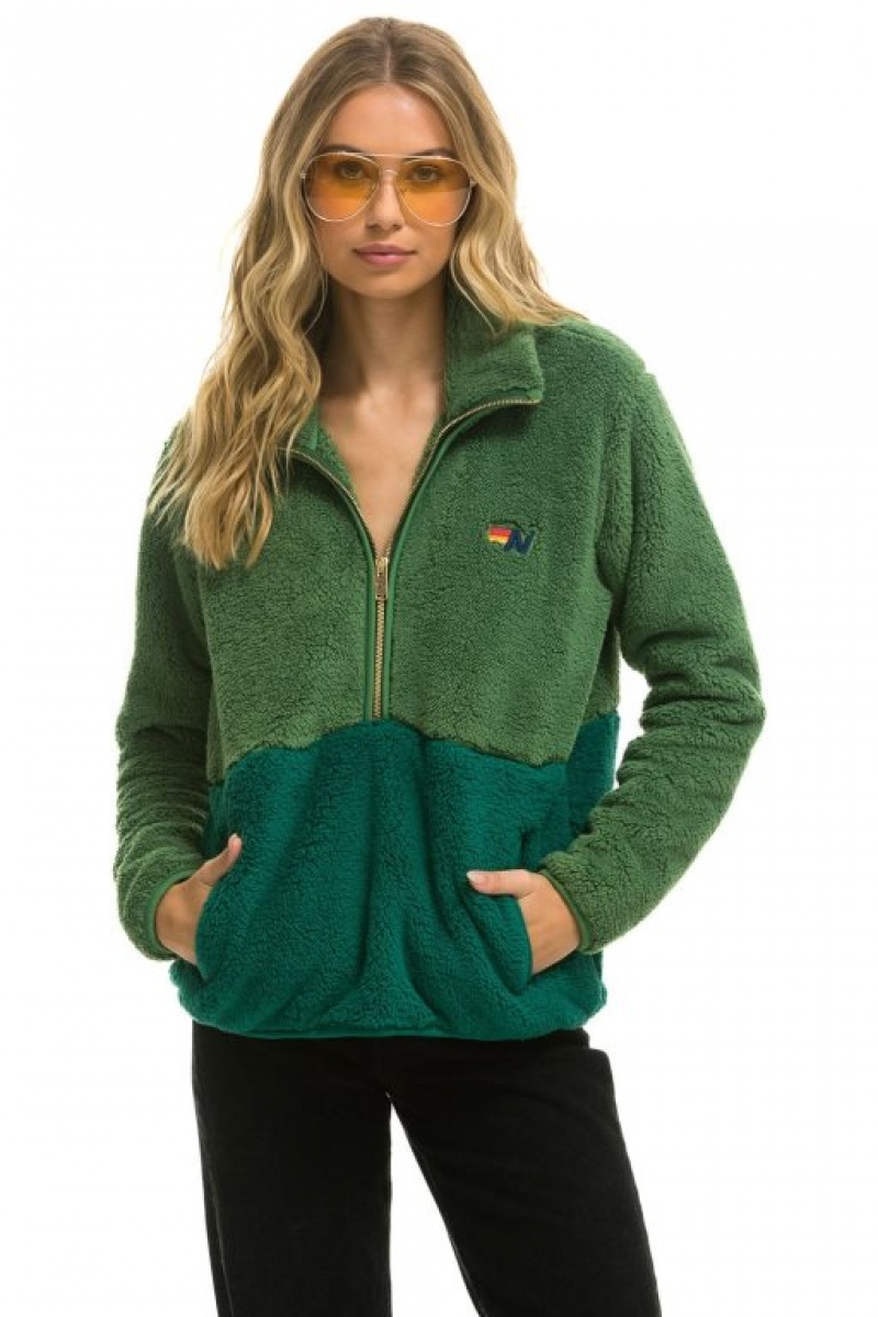 Chaquetas Aviator Nation Teddy Half Zip Color Block Mujer Green | 09VFAQOZK