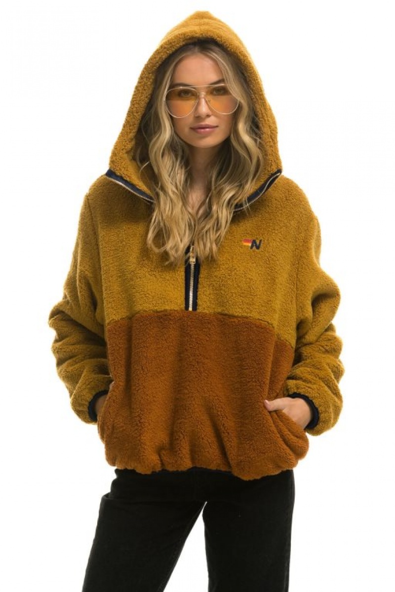 Chaquetas Aviator Nation Teddy Hooded Half Zip Color Block Hombre Orange | 68JOQMYZL