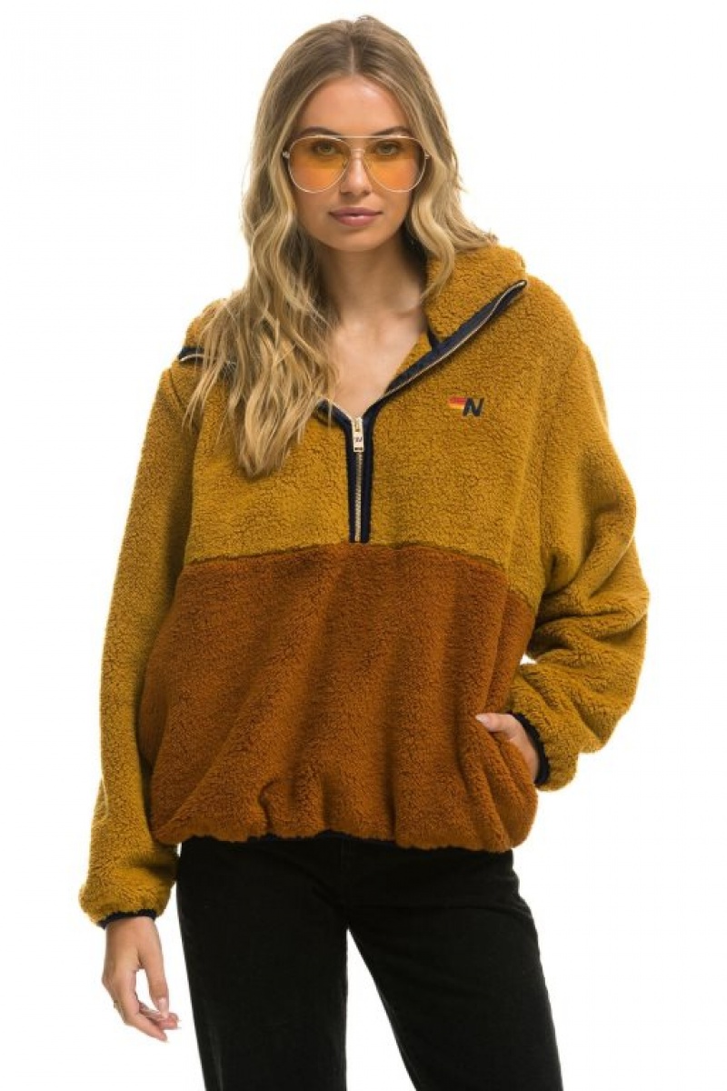 Chaquetas Aviator Nation Teddy Hooded Half Zip Color Block Hombre Orange | 68JOQMYZL