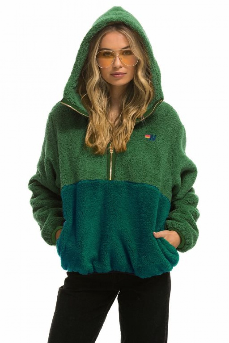 Chaquetas Aviator Nation Teddy Hooded Half Zip Color Block Hombre Green | 68QFKLUPS