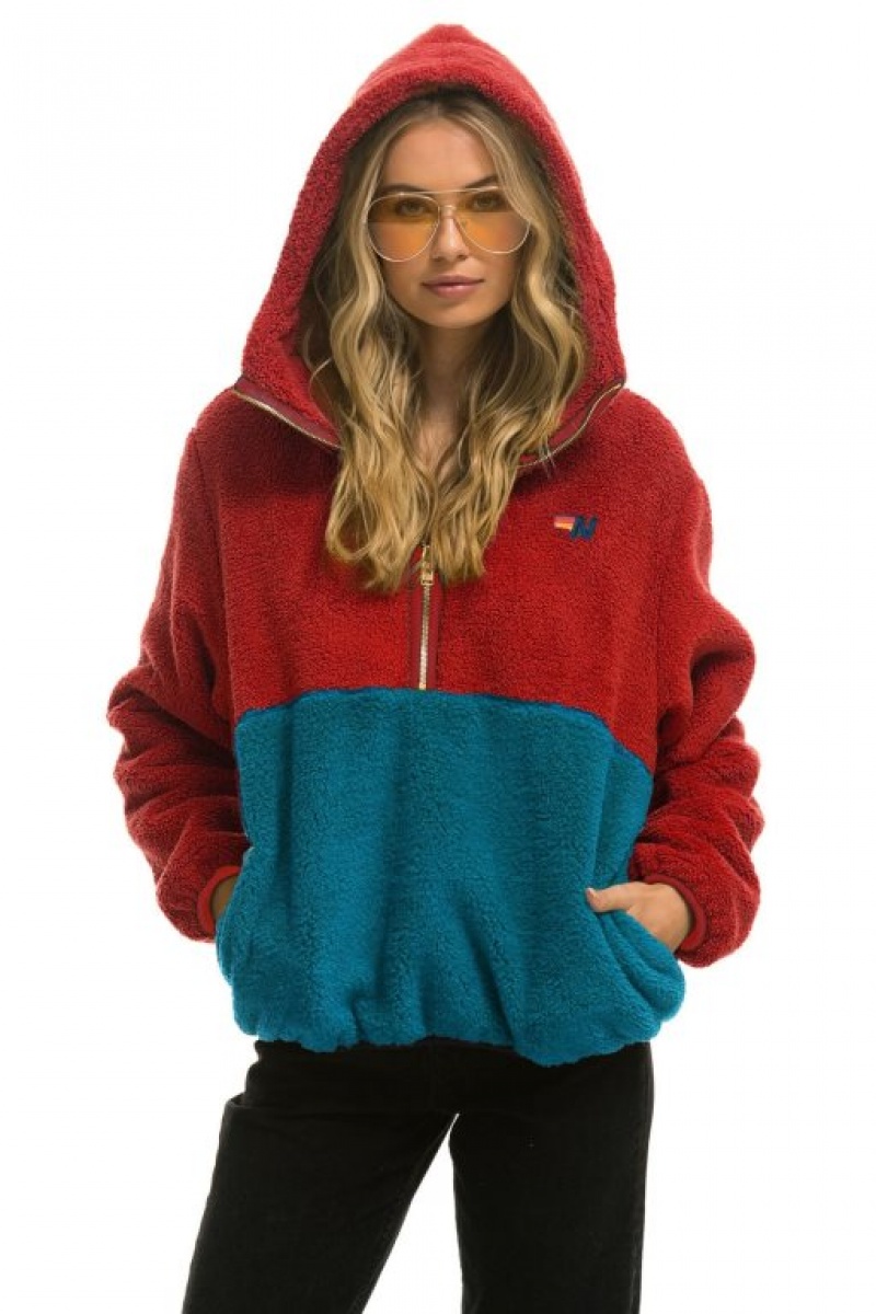 Chaquetas Aviator Nation Teddy Hooded Half Zip Color Block Hombre Pink | 68QLOUHJV