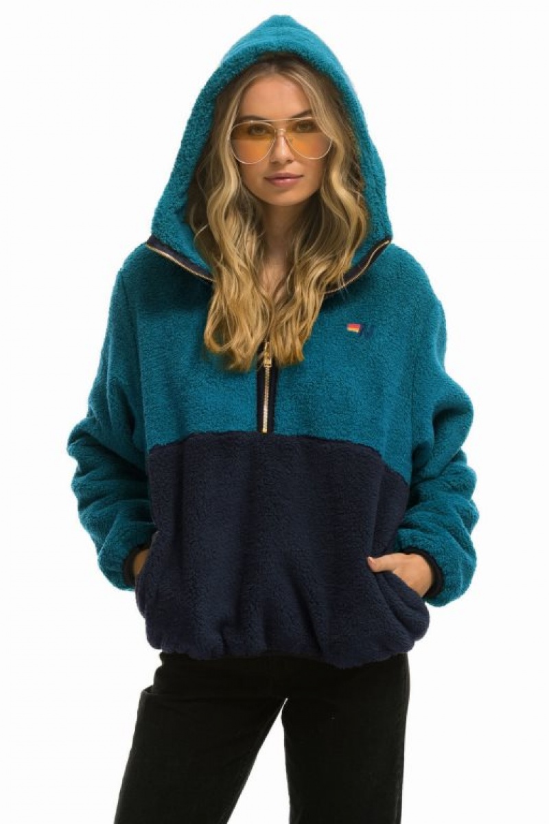 Chaquetas Aviator Nation Teddy Hooded Half Zip Color Block Hombre Capri | 68RGJEFDH
