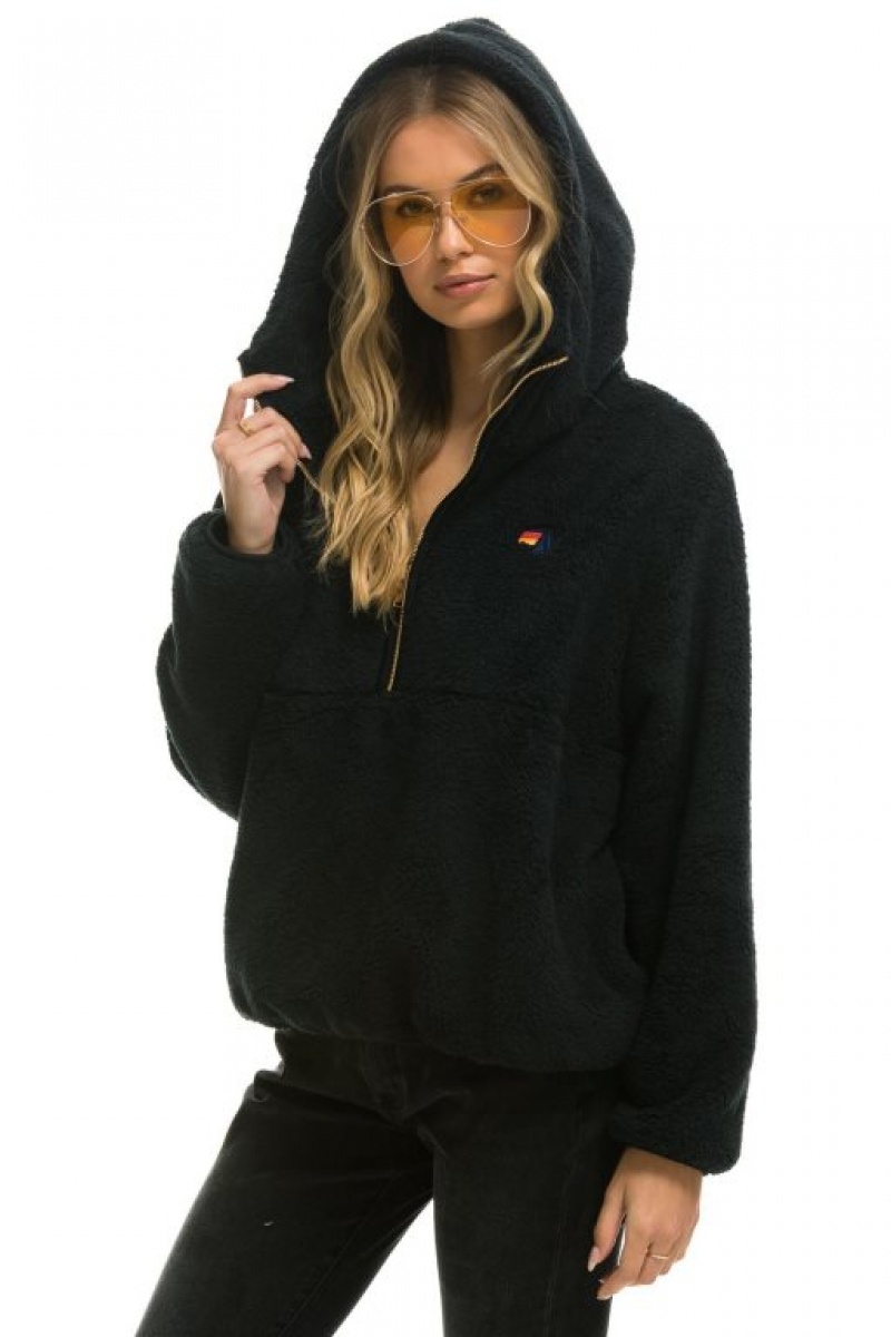 Chaquetas Aviator Nation Teddy Hooded Half Zip Mujer Black | 14RUZGJCV