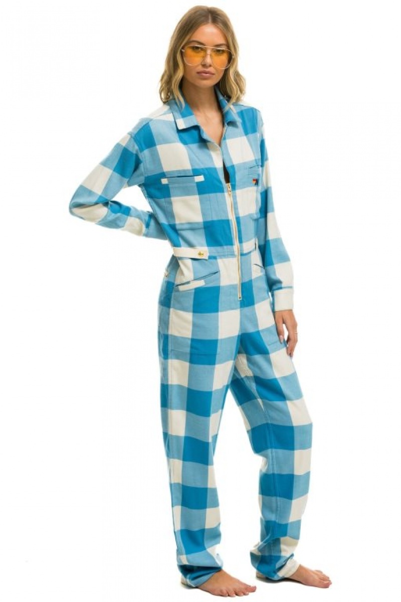 Flight Suit Aviator Nation Plaid Mujer Blue | 08TGZYPVL