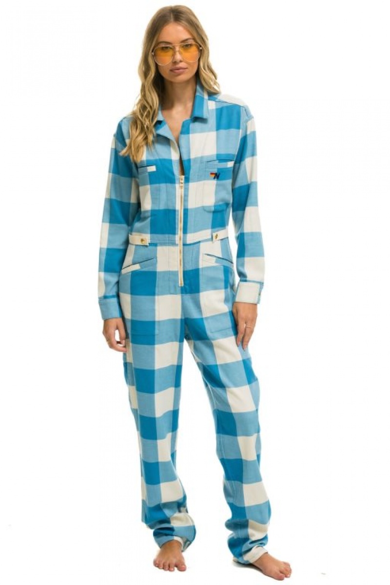 Flight Suit Aviator Nation Plaid Mujer Blue | 08TGZYPVL