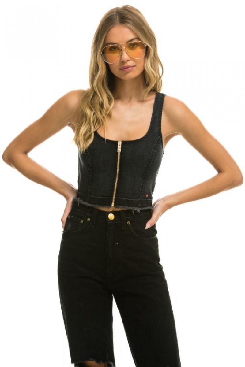 Jeans Aviator Nation Denim Top Zip Front Bustier Mujer Black | 41WKTYIZS