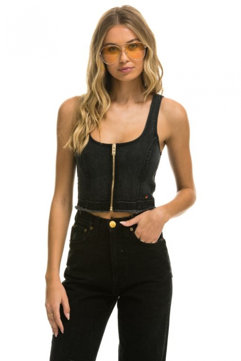Jeans Aviator Nation Denim Top Zip Front Bustier Mujer Black | 41WKTYIZS