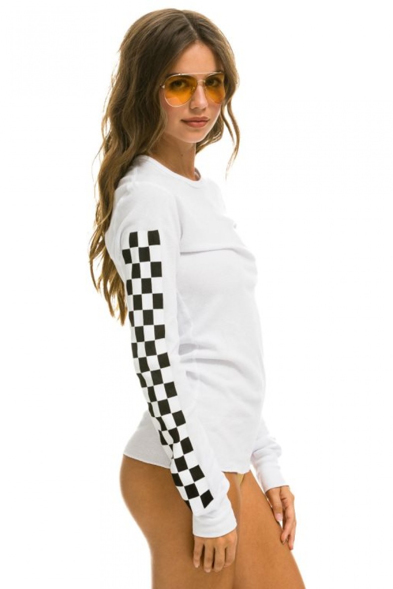 Manga Larga Aviator Nation Check Sleeve Thermal Mujer White | 27OQNGTKS