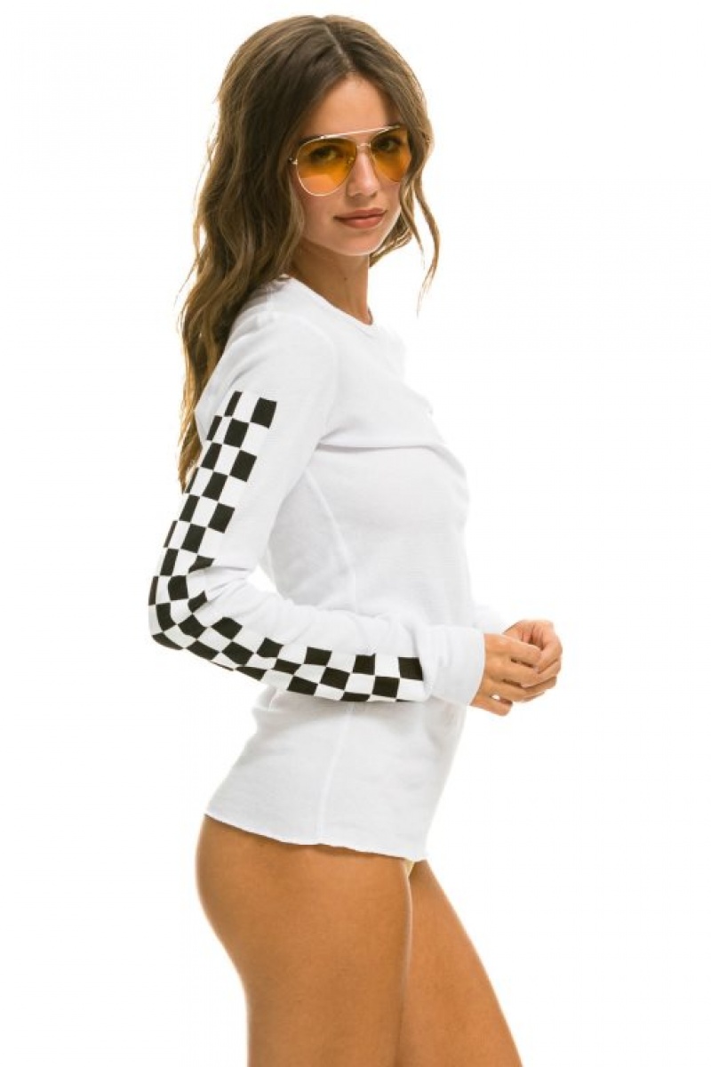 Manga Larga Aviator Nation Check Sleeve Thermal Mujer White | 27OQNGTKS