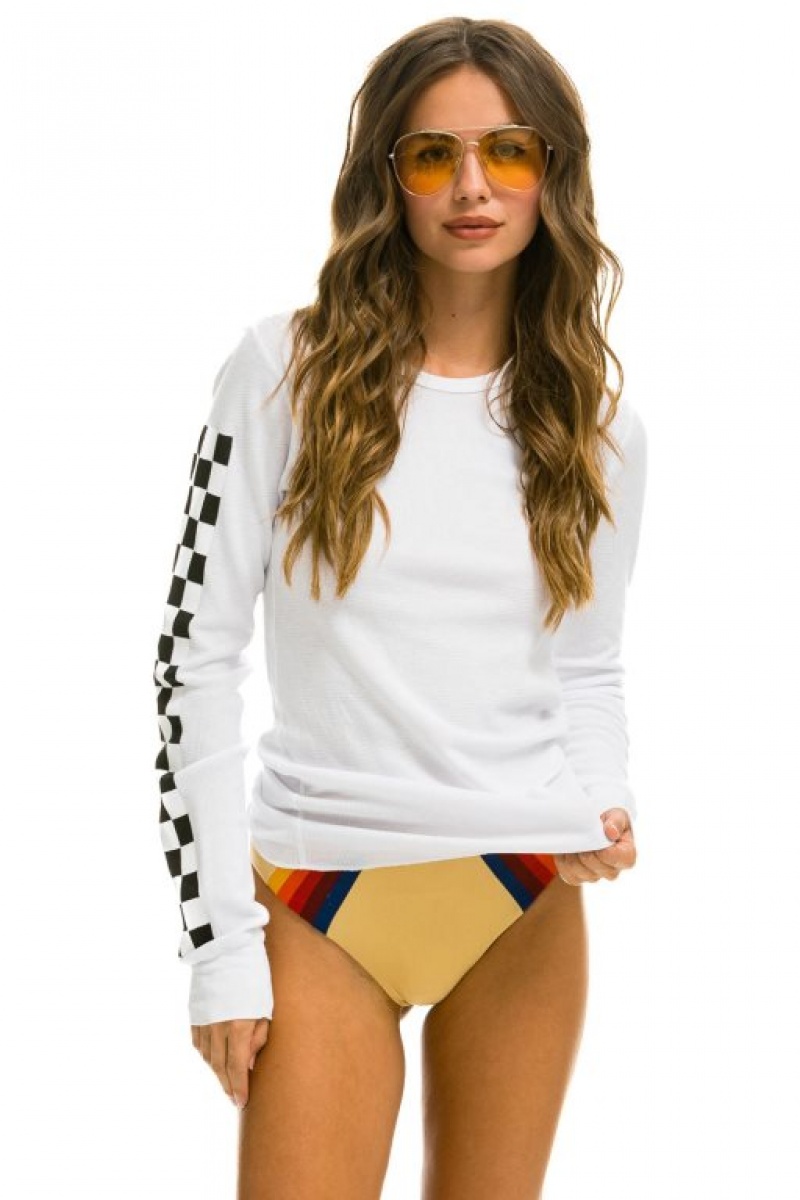 Manga Larga Aviator Nation Check Sleeve Thermal Mujer White | 27OQNGTKS
