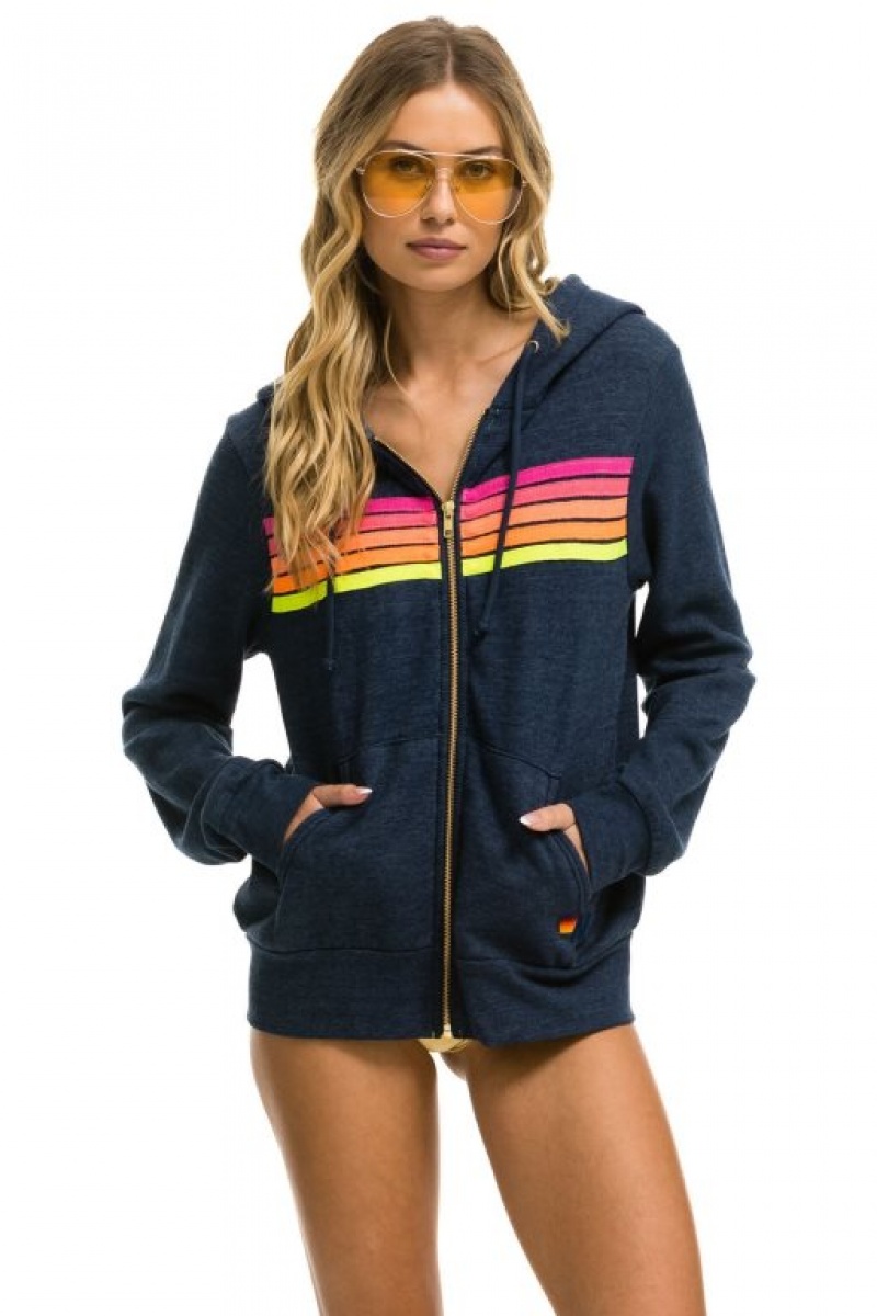 Sudadera con Capucha Aviator Nation 5 Stripe Mujer Navy | 04MWXYPRN