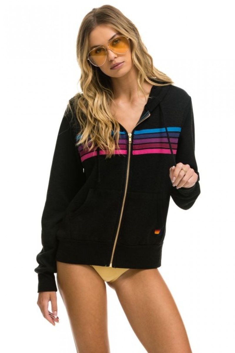 Sudadera con Capucha Aviator Nation 5 Stripe Mujer Black / Pink Purple | 04YBJZFHX