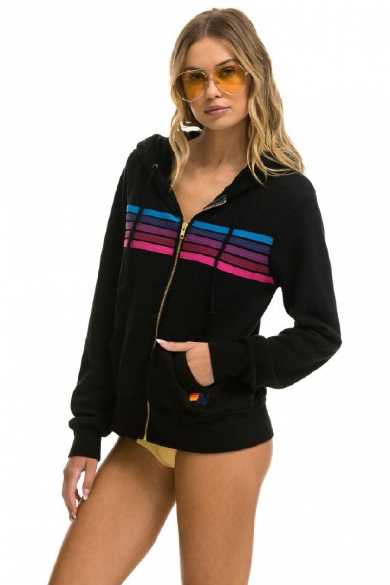 Sudadera con Capucha Aviator Nation 5 Stripe Mujer Black / Pink Purple | 04YBJZFHX