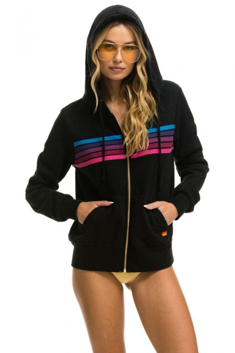 Sudadera con Capucha Aviator Nation 5 Stripe Mujer Black / Pink Purple | 04YBJZFHX