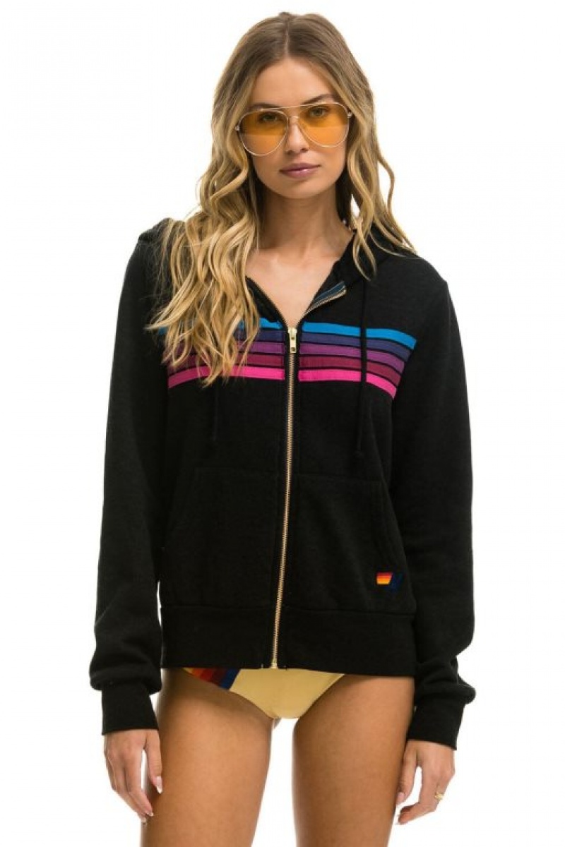 Sudadera con Capucha Aviator Nation 5 Stripe Mujer Black / Pink Purple | 04YBJZFHX