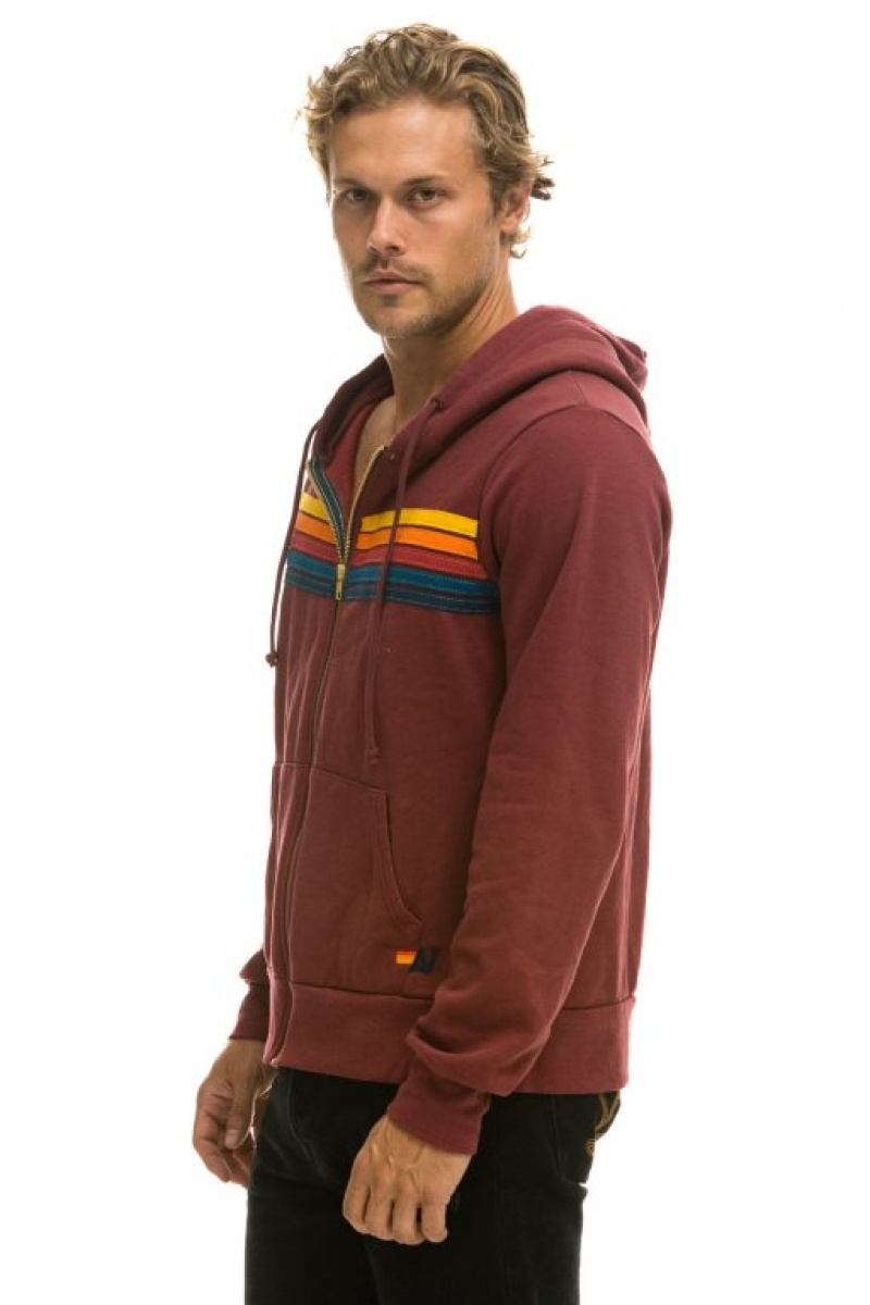Sudadera con Capucha Aviator Nation 5 Stripe Hombre Claret | 59YUHISBV