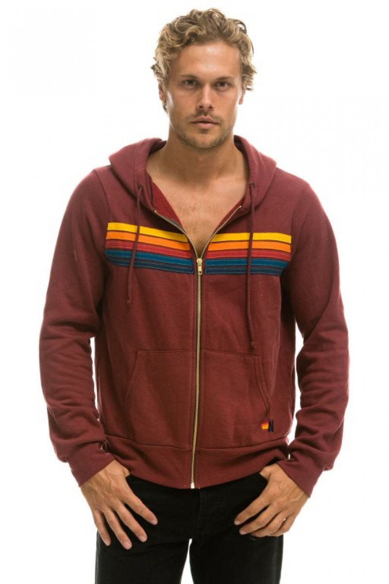 Sudadera con Capucha Aviator Nation 5 Stripe Hombre Claret | 59YUHISBV
