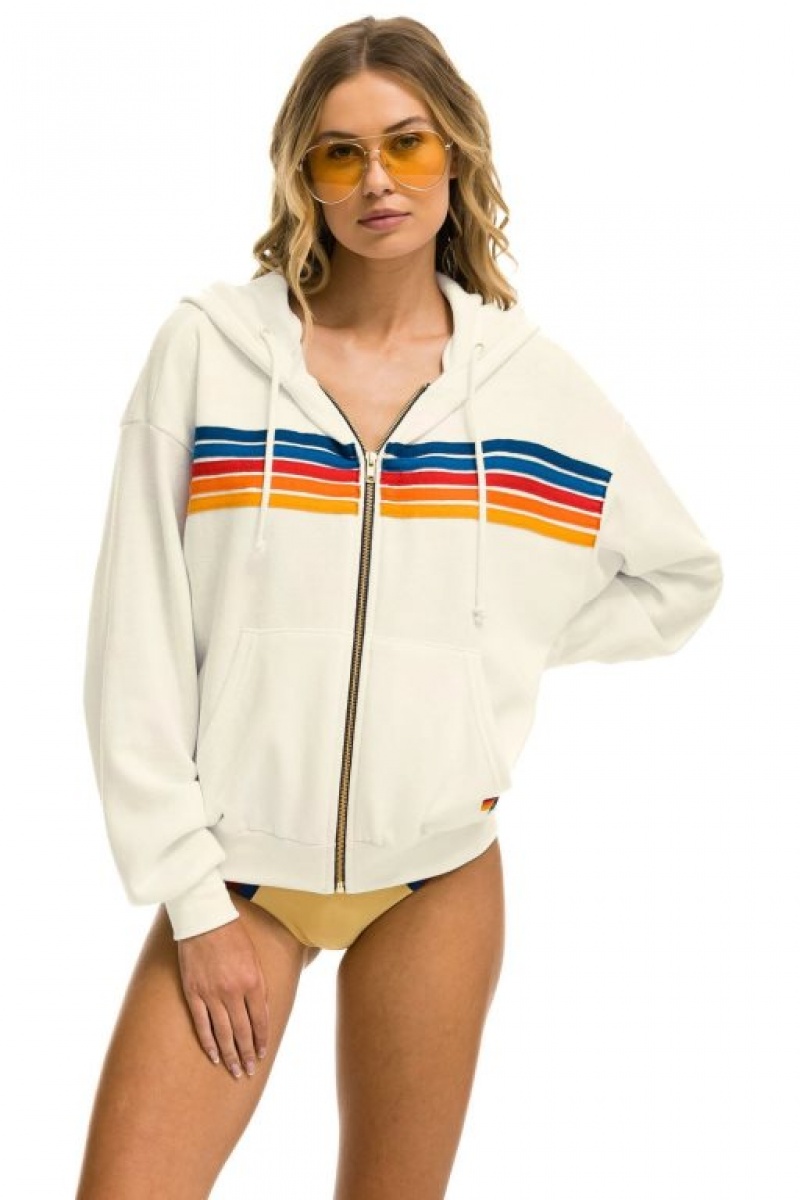 Sudadera con Capucha Aviator Nation 5 Stripe Relaxed Zip Hombre White | 62CWJLOXQ
