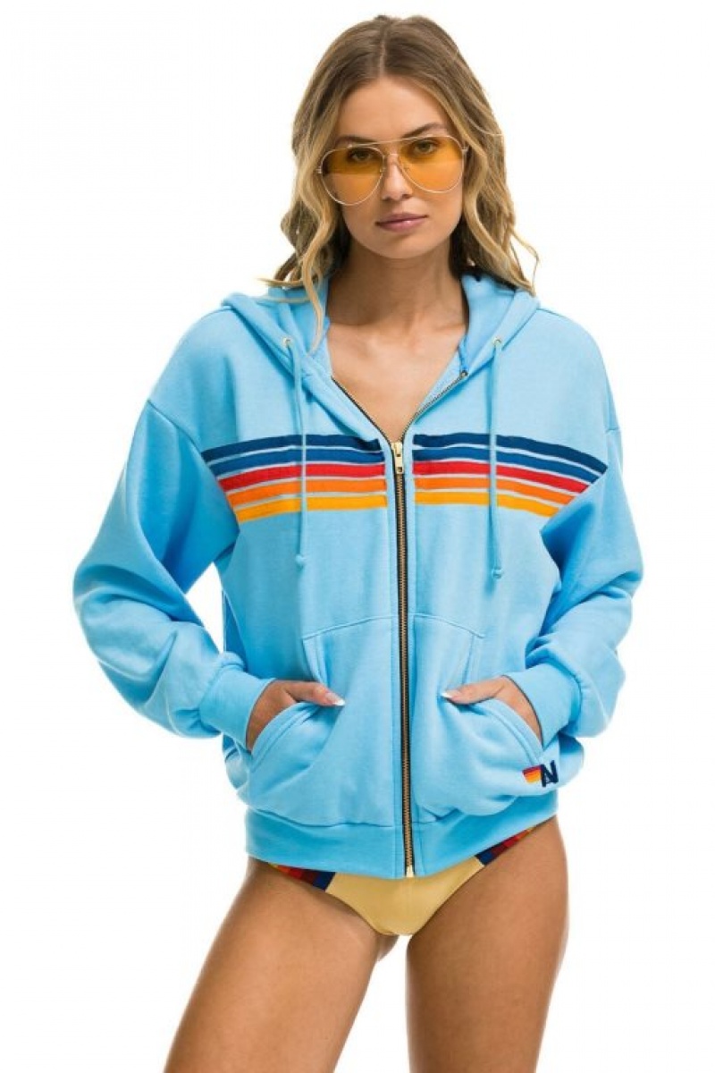 Sudadera con Capucha Aviator Nation 5 Stripe Relaxed Zip Hombre Blue | 62GSYRUAP
