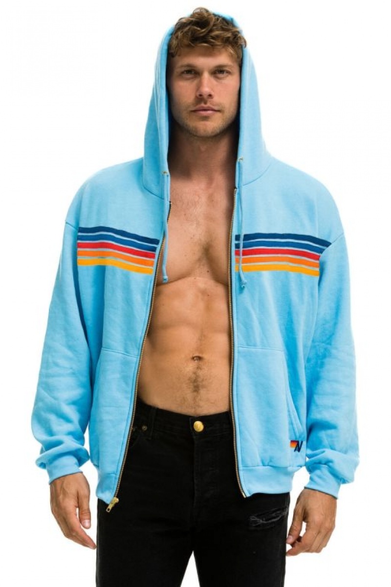 Sudadera con Capucha Aviator Nation 5 Stripe Relaxed Zip Hombre Blue | 62GSYRUAP
