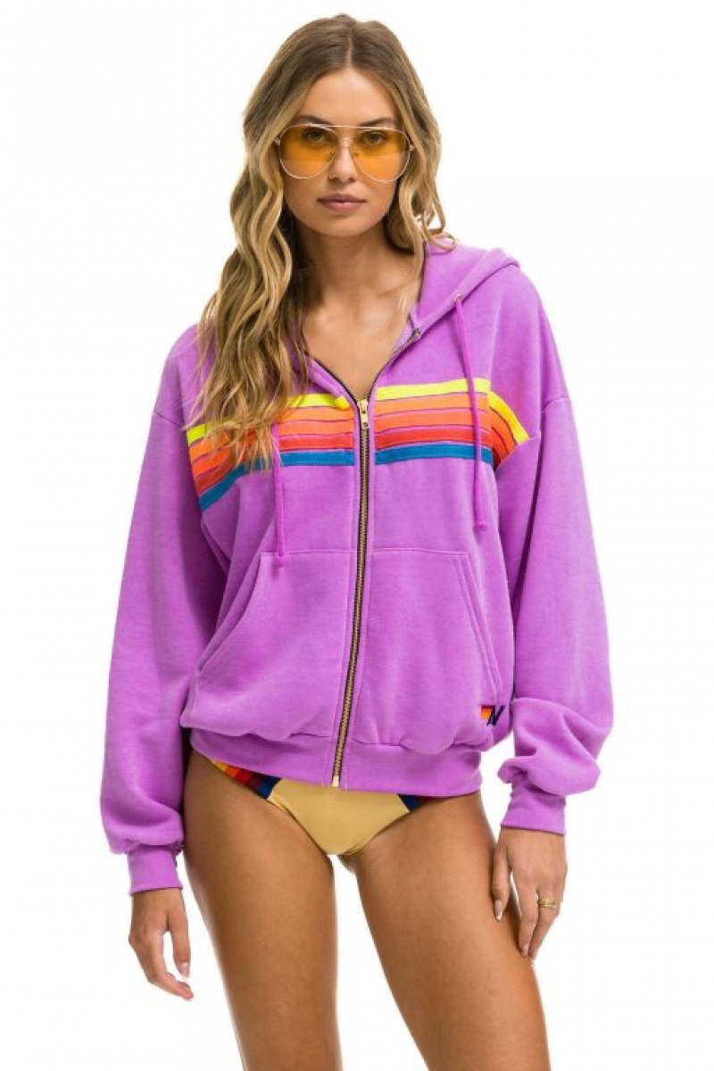 Sudadera con Capucha Aviator Nation 5 Stripe Relaxed Zip Hombre Purple / Multicolor | 62HKYBUGV