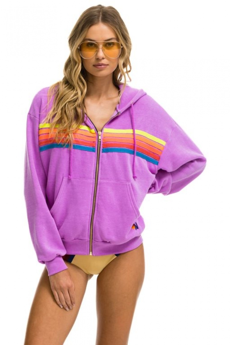 Sudadera con Capucha Aviator Nation 5 Stripe Relaxed Zip Hombre Purple / Multicolor | 62HKYBUGV