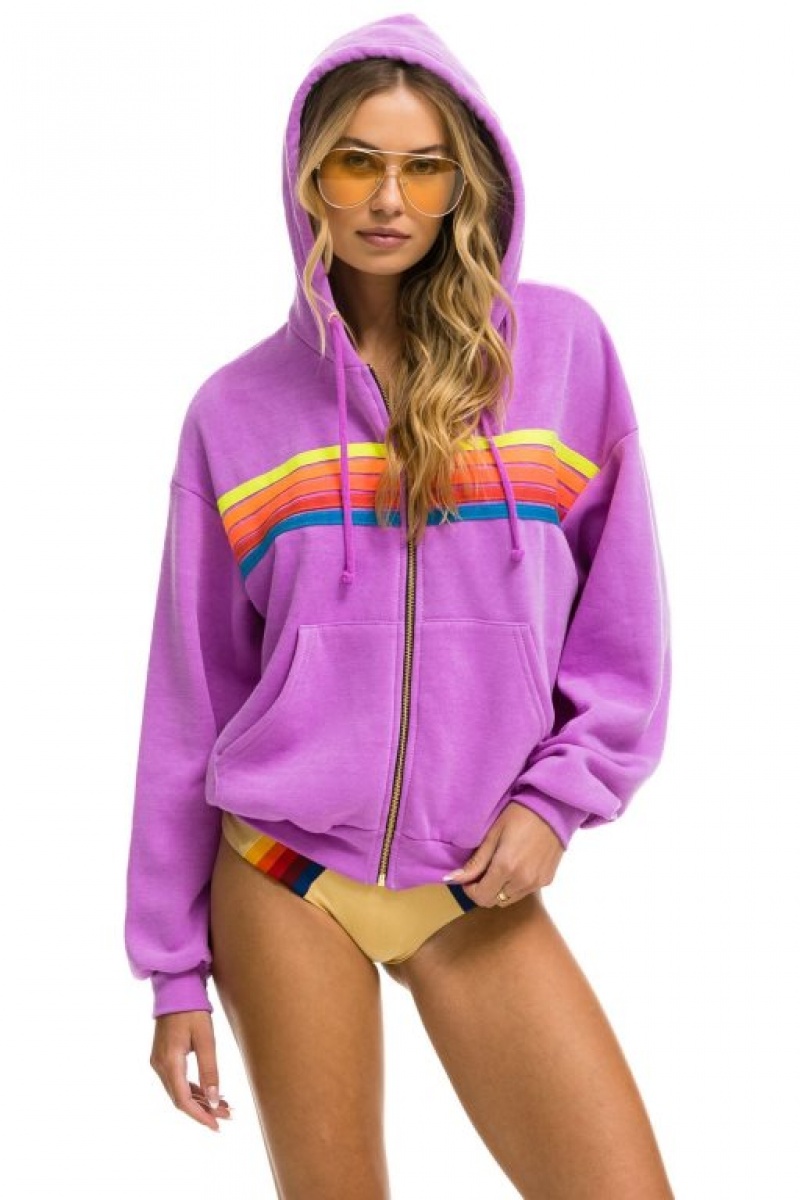 Sudadera con Capucha Aviator Nation 5 Stripe Relaxed Zip Hombre Purple / Multicolor | 62HKYBUGV