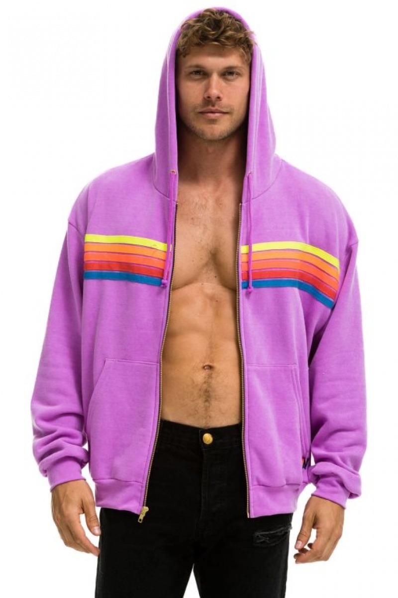Sudadera con Capucha Aviator Nation 5 Stripe Relaxed Zip Hombre Purple / Multicolor | 62HKYBUGV