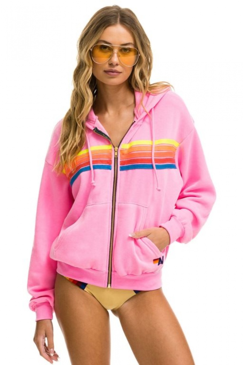 Sudadera con Capucha Aviator Nation 5 Stripe Relaxed Zip Hombre Pink / Multicolor | 62HOKMWVX