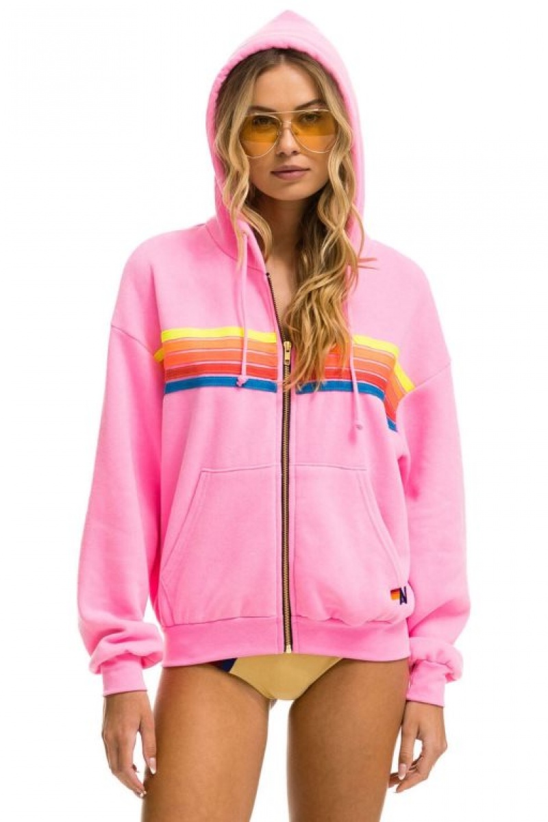 Sudadera con Capucha Aviator Nation 5 Stripe Relaxed Zip Hombre Pink / Multicolor | 62HOKMWVX