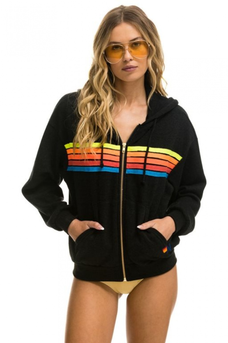 Sudadera con Capucha Aviator Nation 5 Stripe Relaxed Zip Hombre Black / Multicolor | 62HUBFSGY