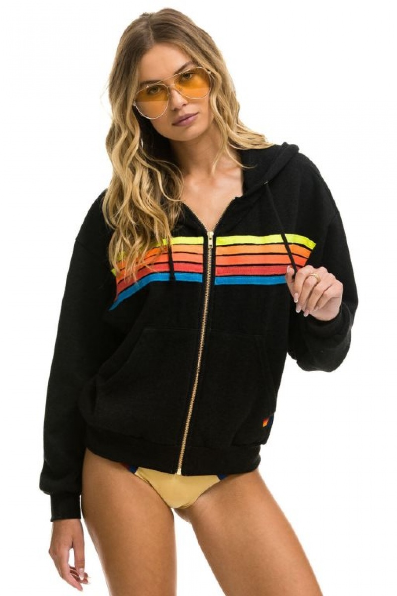 Sudadera con Capucha Aviator Nation 5 Stripe Relaxed Zip Hombre Black / Multicolor | 62HUBFSGY