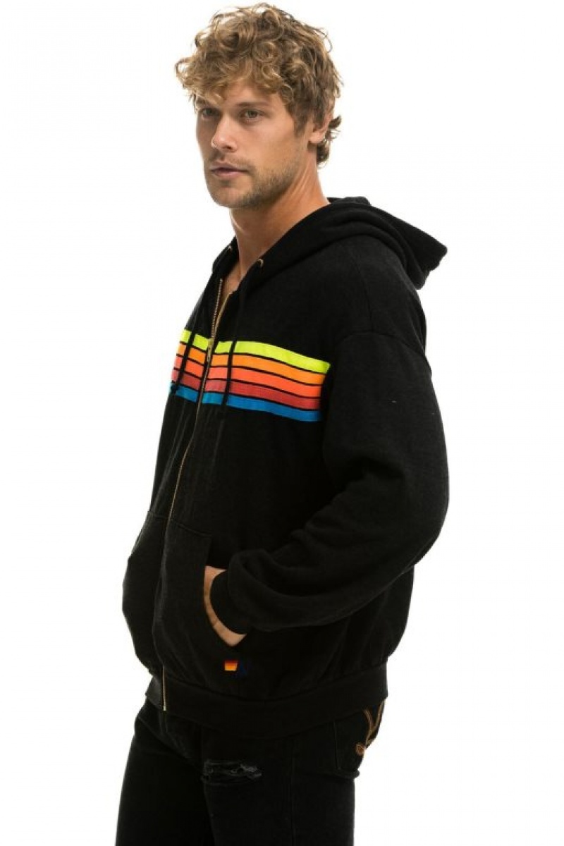 Sudadera con Capucha Aviator Nation 5 Stripe Relaxed Zip Hombre Black / Multicolor | 62HUBFSGY