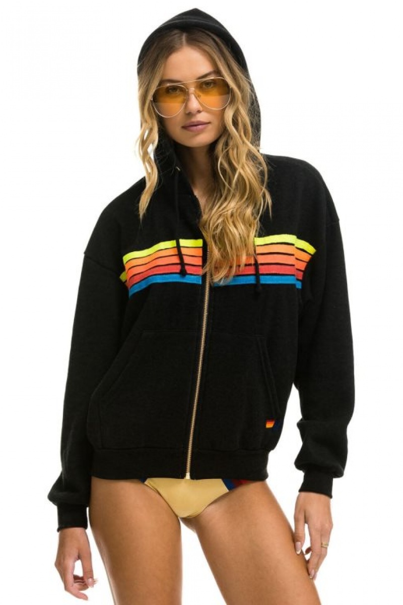 Sudadera con Capucha Aviator Nation 5 Stripe Relaxed Zip Hombre Black / Multicolor | 62HUBFSGY